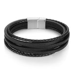 Leather Rope & Braid Bracelet black strap, silver buckle